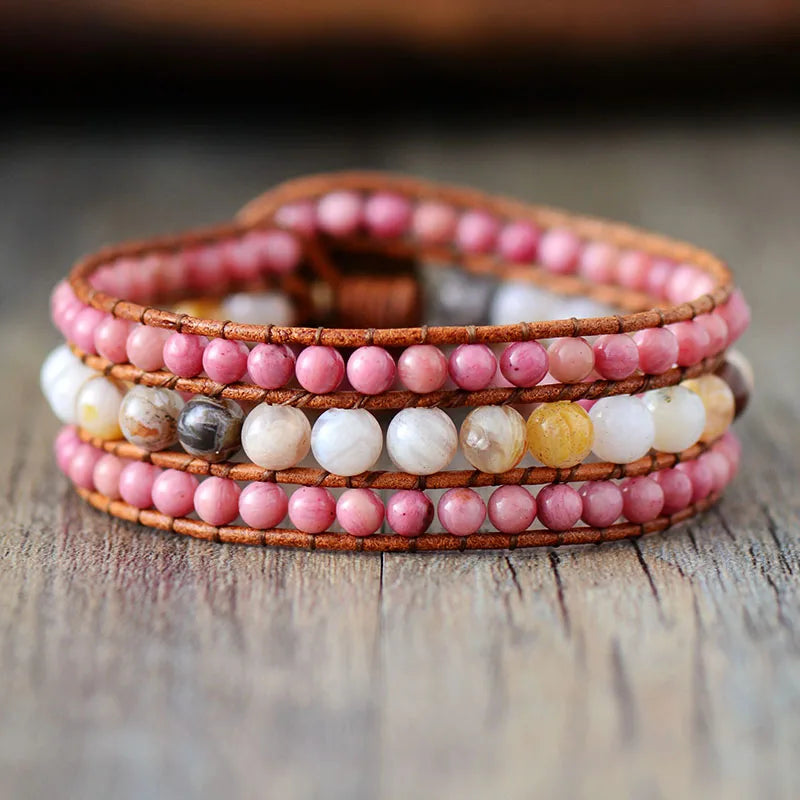 Natural Rhodonite & Agate Leather Wrap Cuff Bracelets