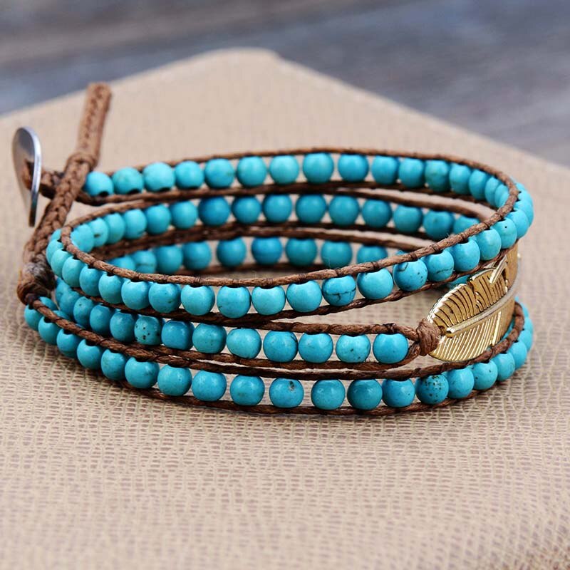 Natural Turquoise / Sodalite Antique Golden Feather Wrap Bracelet