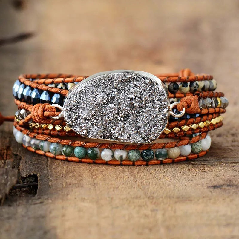 Natural Jasper, Agate & Gilded Druzy Charm Leather Wrap Bracelet