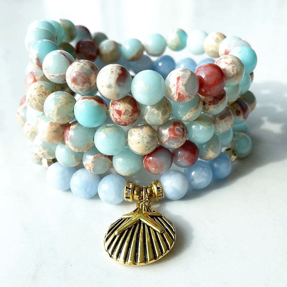 Natural Aqua Terra Jasper & Aquamarine 108 Beads Mala