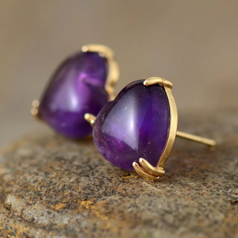 Natural Amethyst Heart Stud Earrings