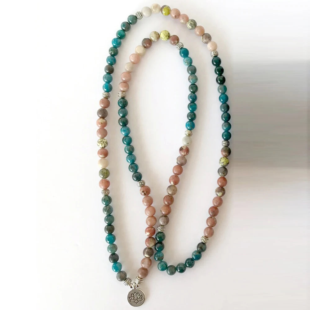 Natural Rhodonite & Apatite 108 beads Mala