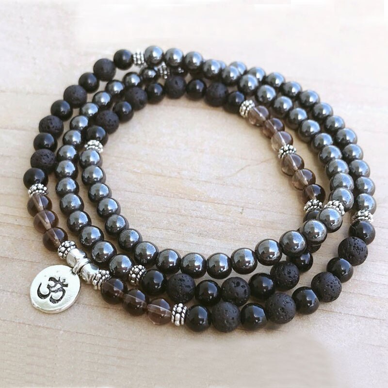 Natural Hematite, Onyx, Lava Stone & Smokey Quartz 108 Beads Mala Necklace Wrap Bracelet