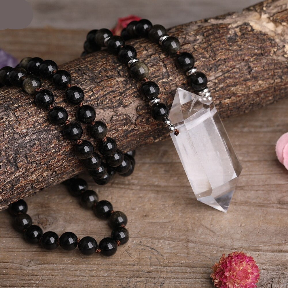 Natural Gold Sheen Obsidian & Clear Quartz Wand Necklace