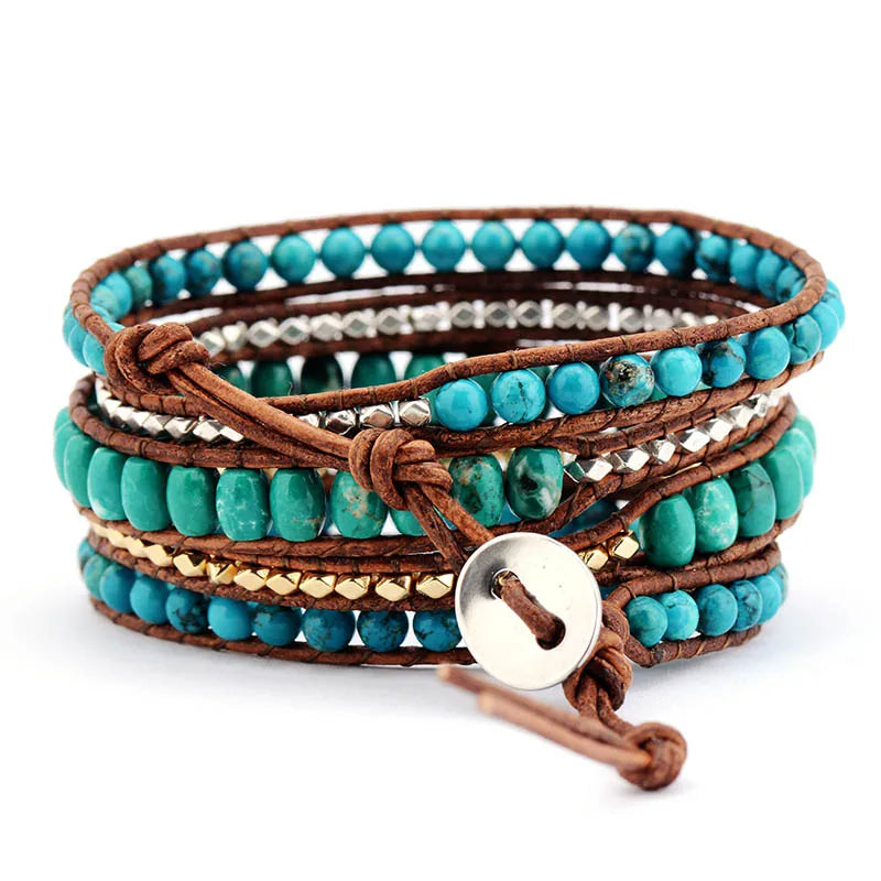 Natural Turquoise Jasper Leather Wrap Bracelet