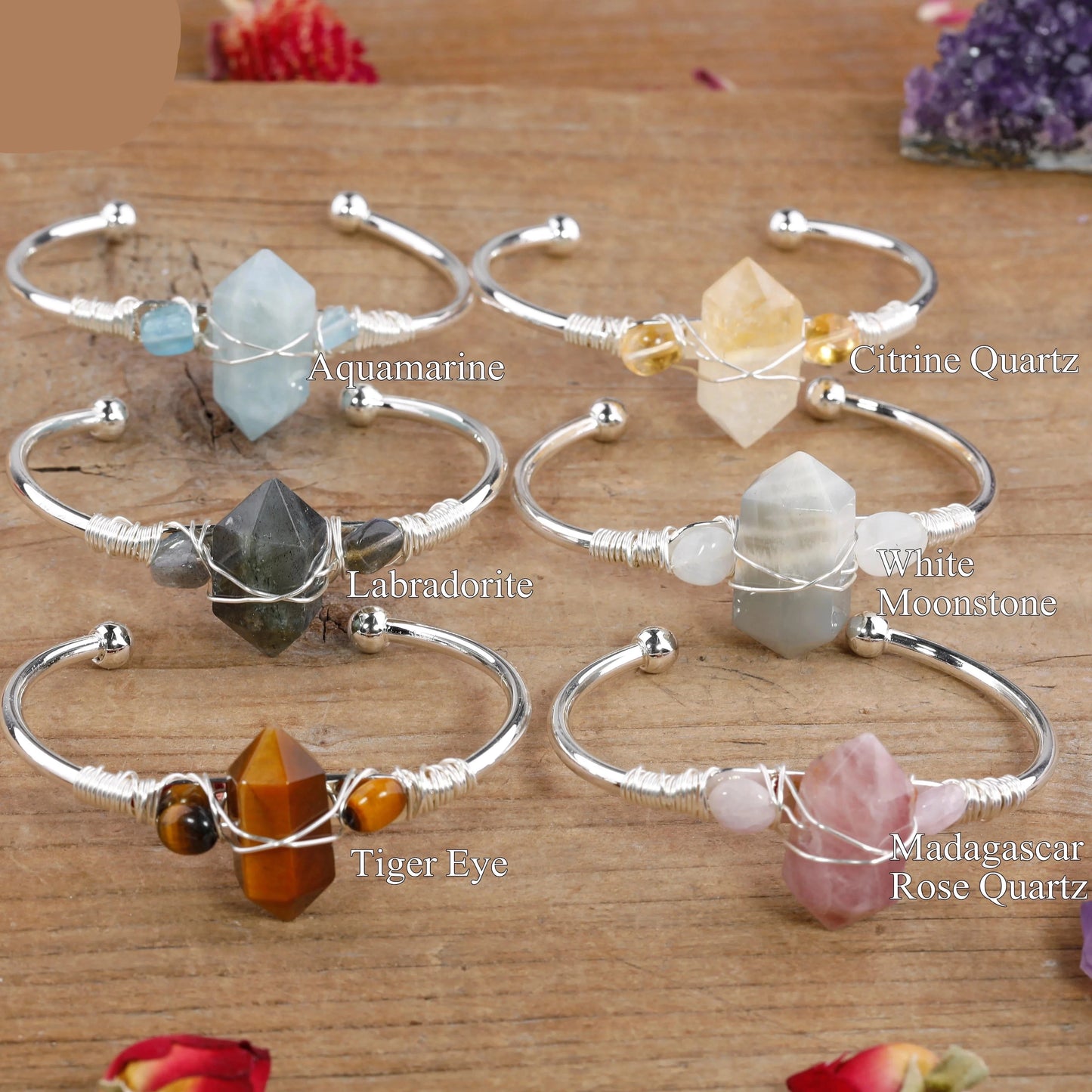 Natural Gemstone Double-Point Wand Cuff Bracelet