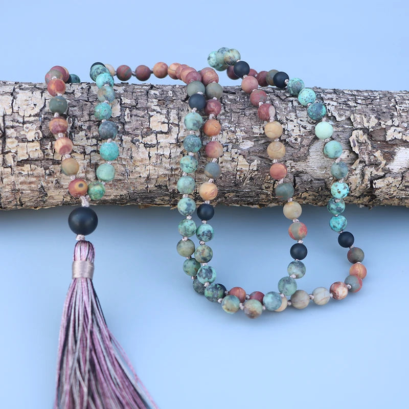 Natural Matte African Turquoise, Picasso Jasper & Onyx 108 Beads Mala