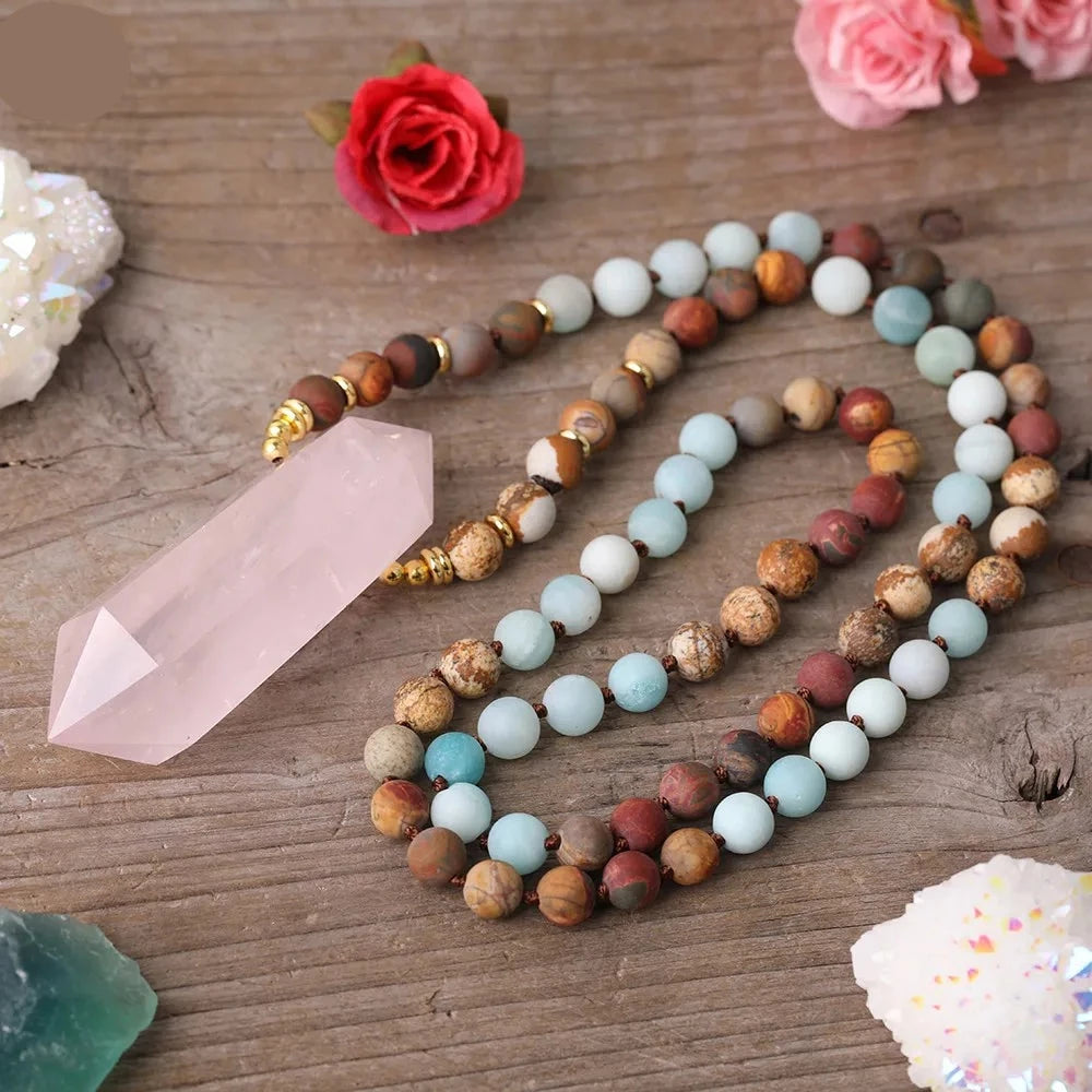 Natural Amazonite, Jasper & Rose Quartz Double Point Pendant Necklace