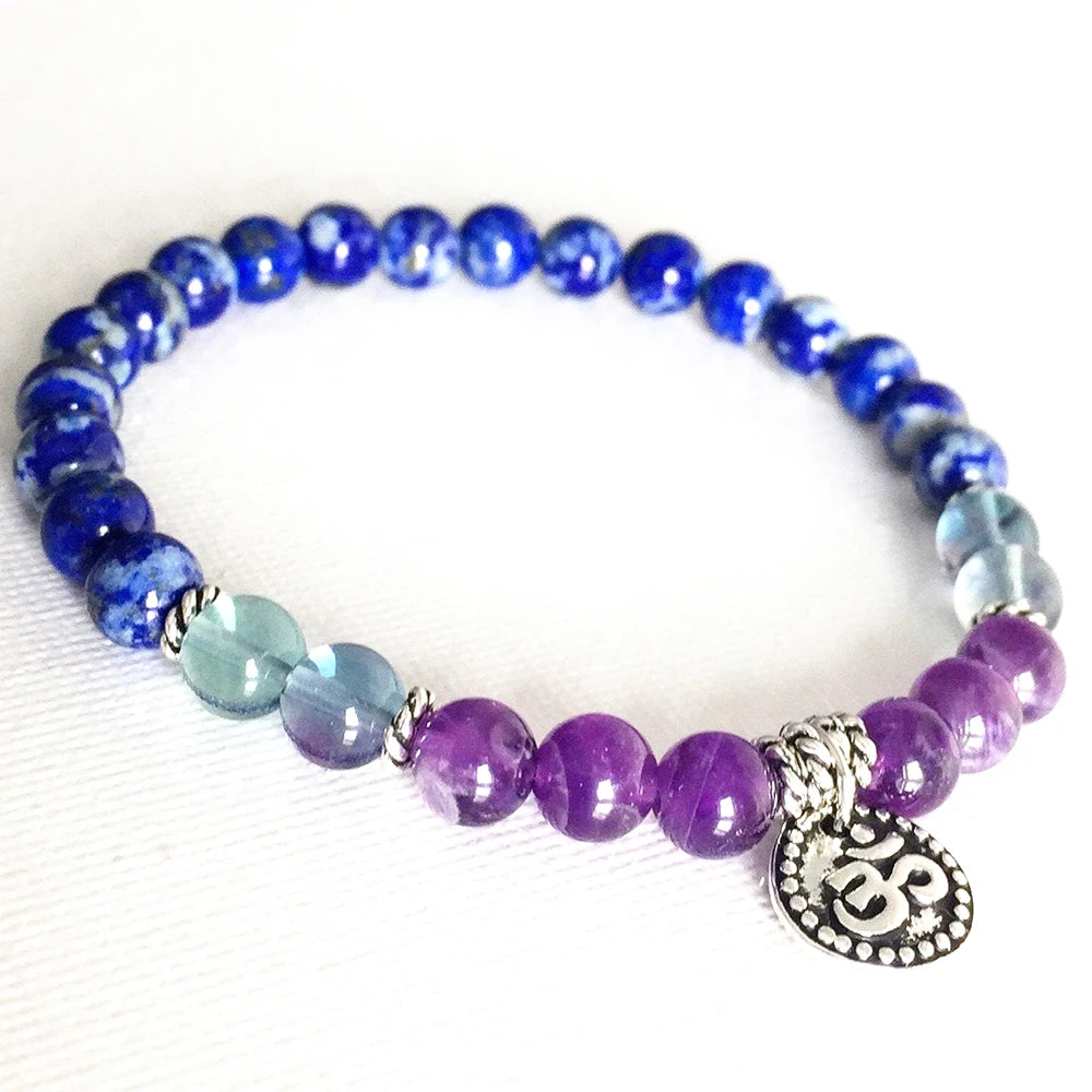 Natural Lapis Lazuli, Amethyst & Green Fluorite Om Bracelet