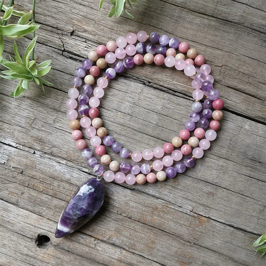 Natural Rhodonite, Amethyst, Clear & Rose Quartz Mala Necklace & Bracelet Set