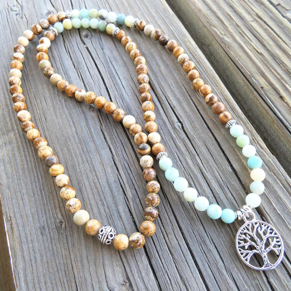 Natural Picture Jasper & Amazonite Tree of Life 108 Beads Mala