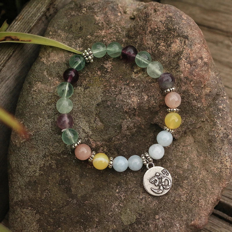 Natural Fluorite, Aquamarine and Onyx Tibetan Bracelet