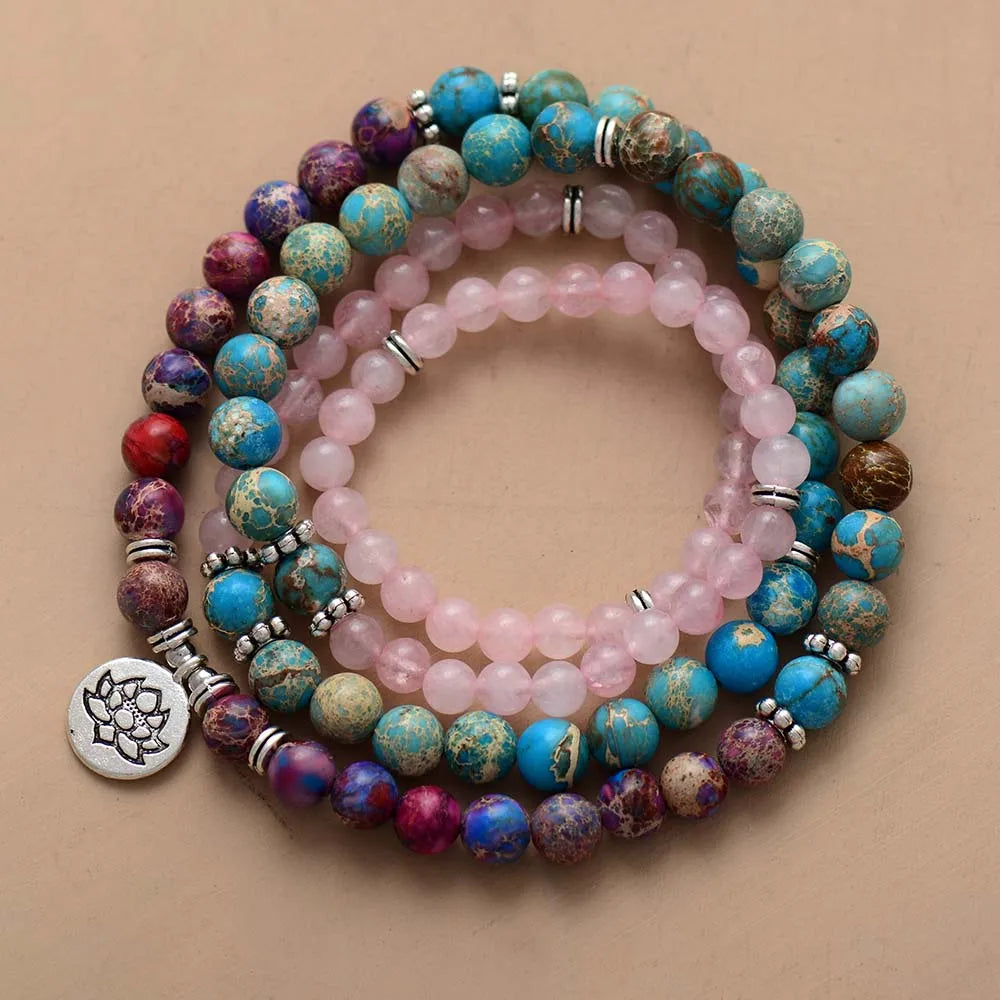 Natural Imperial Jasper & Rose Quartz 108 Beads Mala