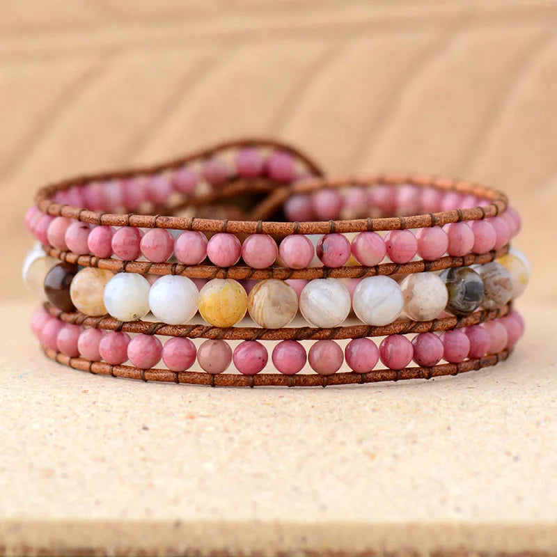 Natural Rhodonite & Agate Leather Wrap Cuff Bracelets