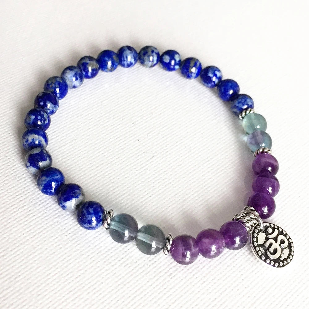 Natural Lapis Lazuli, Amethyst & Green Fluorite Om Bracelet