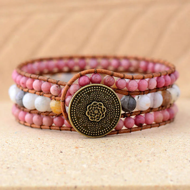 Natural Rhodonite & Agate Leather Wrap Cuff Bracelets