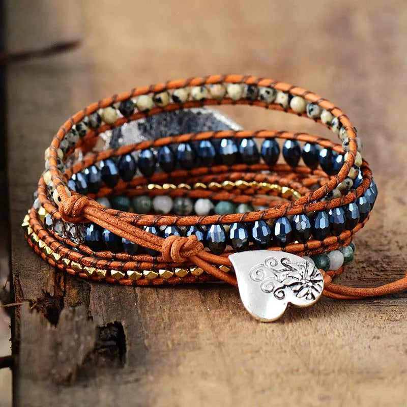 Natural Jasper, Agate & Gilded Druzy Charm Leather Wrap Bracelet