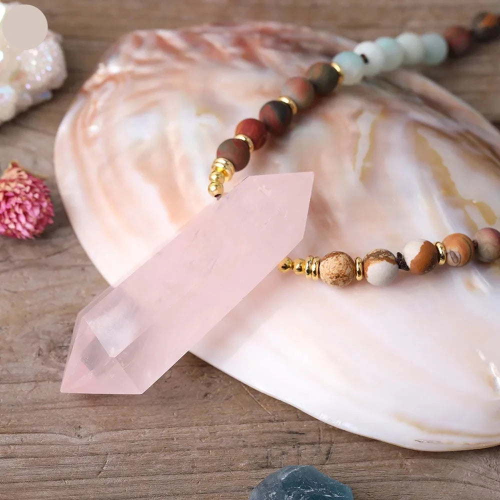 Natural Amazonite, Jasper & Rose Quartz Double Point Pendant Necklace