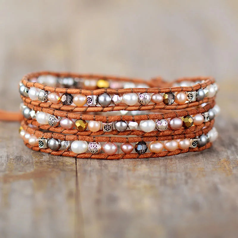 Natural Freshwater Pearls Leather Wrap Bracelet