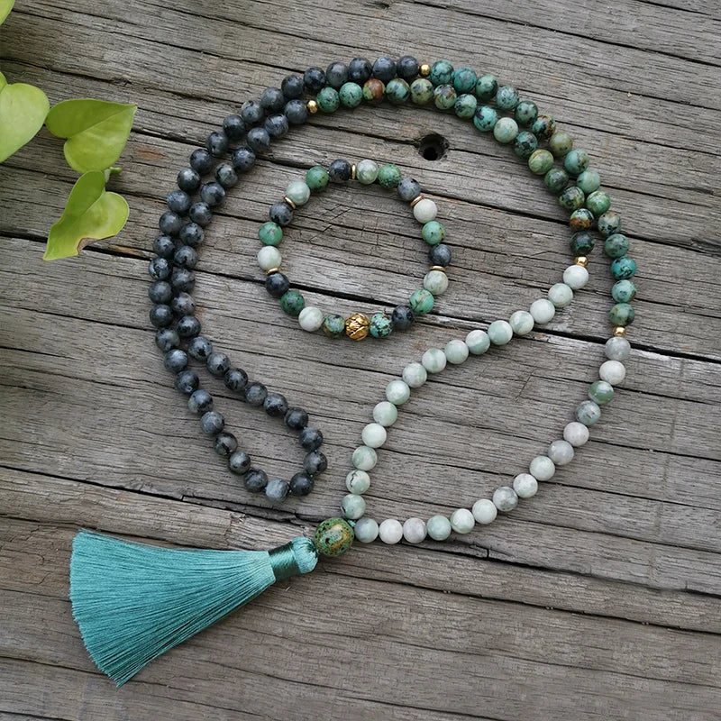 Natural African Turquoise, Lucky Jasper & Lavikite 108 Beads Mala