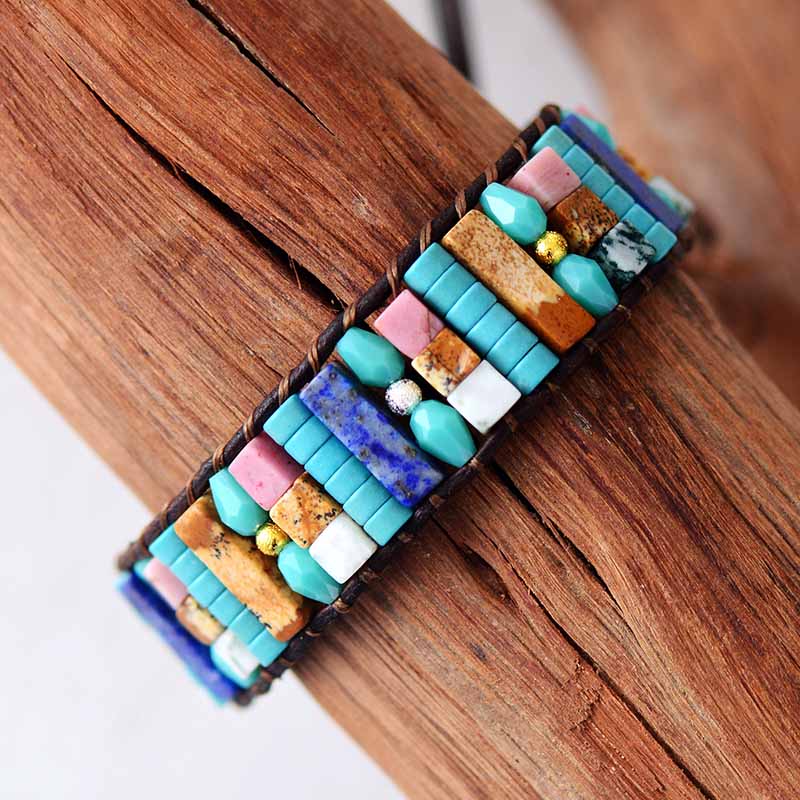 Natural Mixed Gemstones Leather Wrap Bracelet