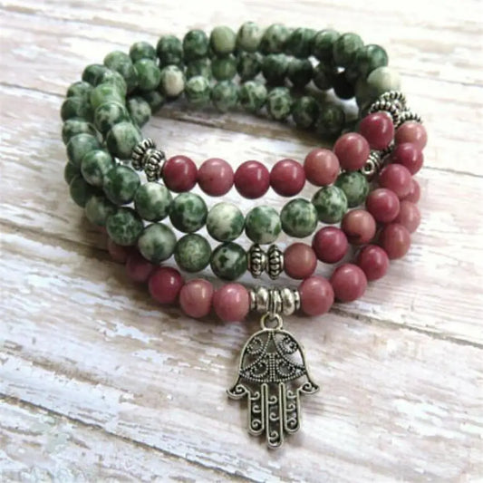 Natural Green Jasper & Rhodonite Hamsa Hand 108 Beads Mala