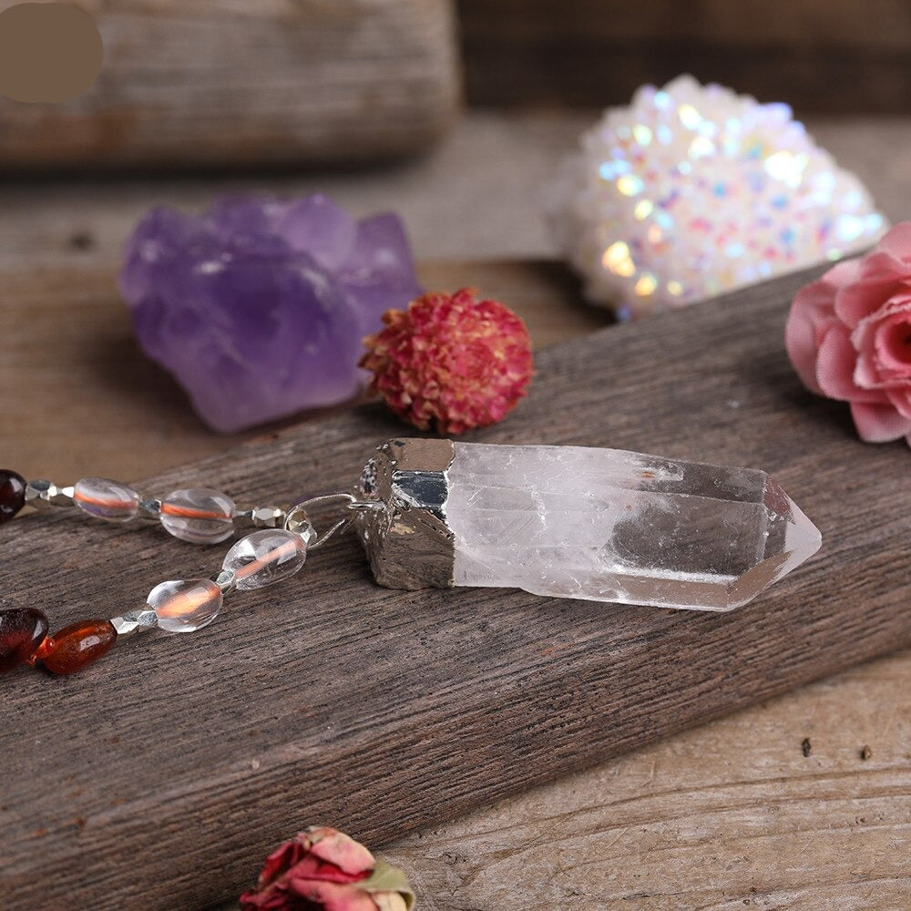 Natural Red Garnet & Clear Quartz Wand Necklace