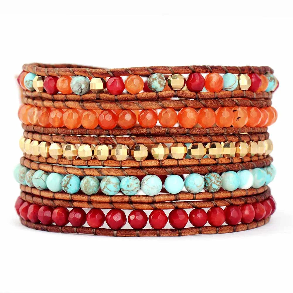 Natural Turquoise, Onyx & Brass Beads Leather Wrap Bracelet