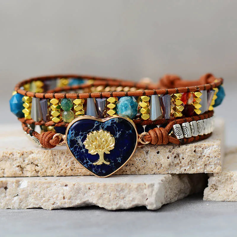 Natural Blue Jasper & Apatite Tree of Life Wrap Bracelet
