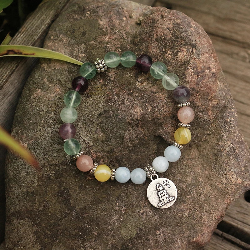 Natural Fluorite, Aquamarine and Onyx Tibetan Bracelet