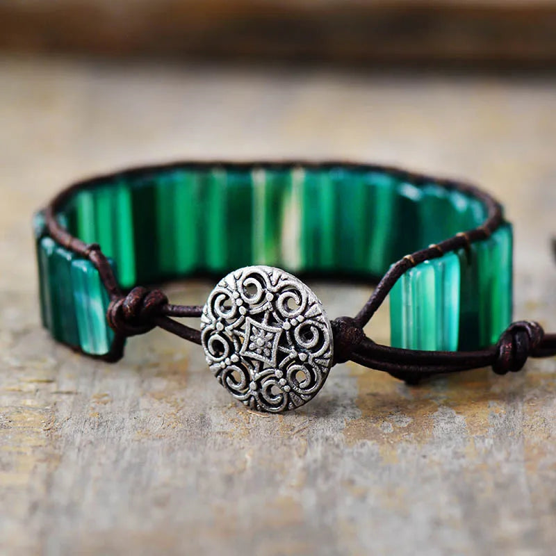 Natural Green Onyx Leather Cuff Wrap Bracelet