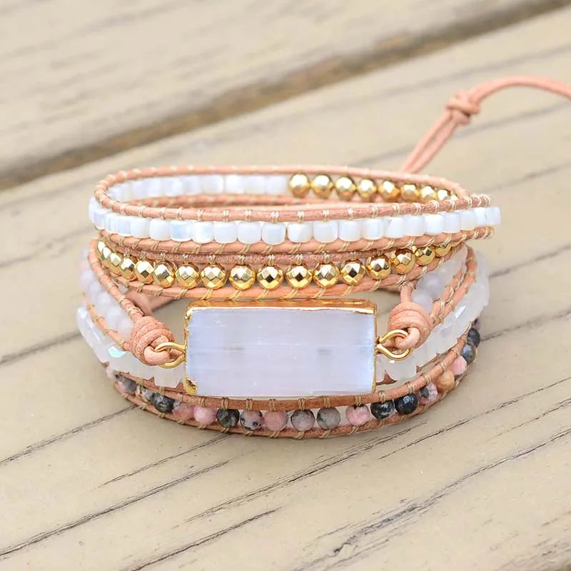 Natural Selenite, Rhodonite & Agate Leather Wrap Bracelet