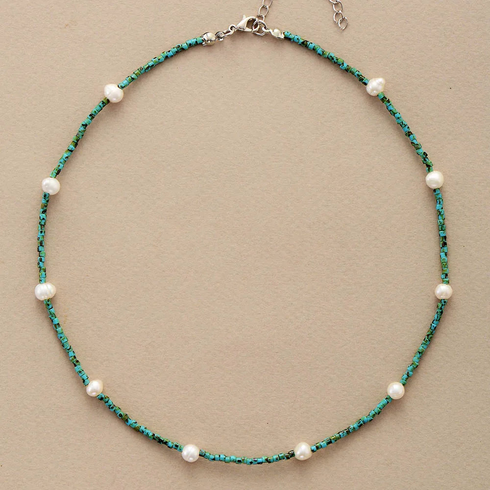 Natural African Turquoise & Freshwater Pearls Choker Necklace