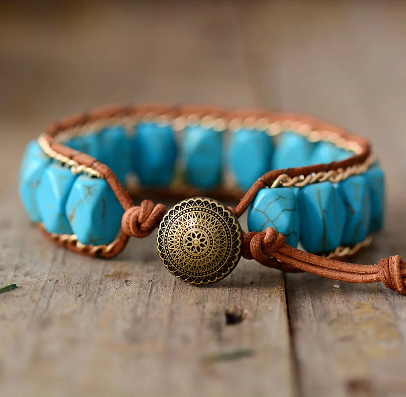 Natural Turquoise Bold Beads Leather Wrap Bracelet