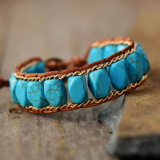 Natural Turquoise Bold Beads Leather Wrap Bracelet