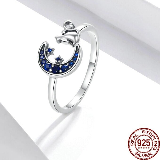 Blue Moon & Cat  Sterling Silver Ring