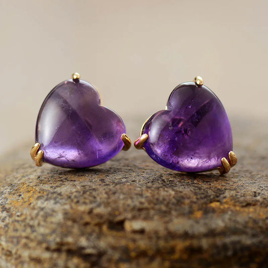 Natural Amethyst Heart Stud Earrings