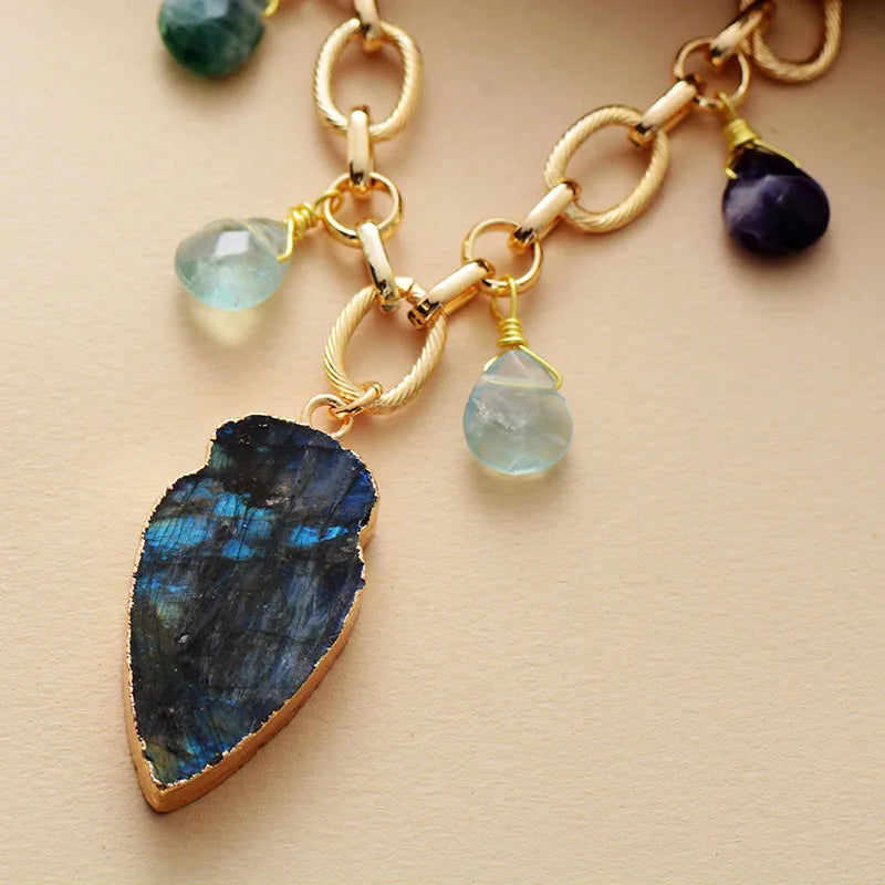 Natural Labradorite & Green Quartz Arrowhead Gold Plated Necklace