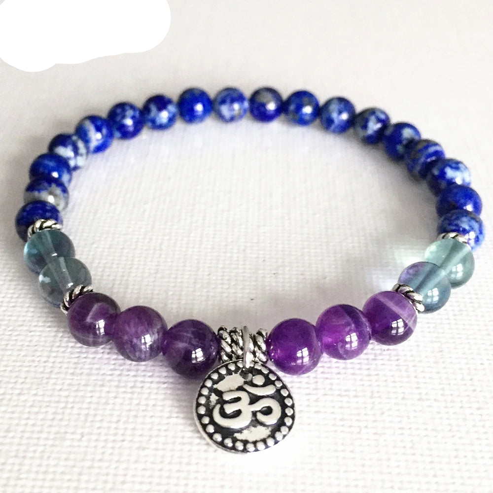 Natural Lapis Lazuli, Amethyst & Green Fluorite Om Bracelet