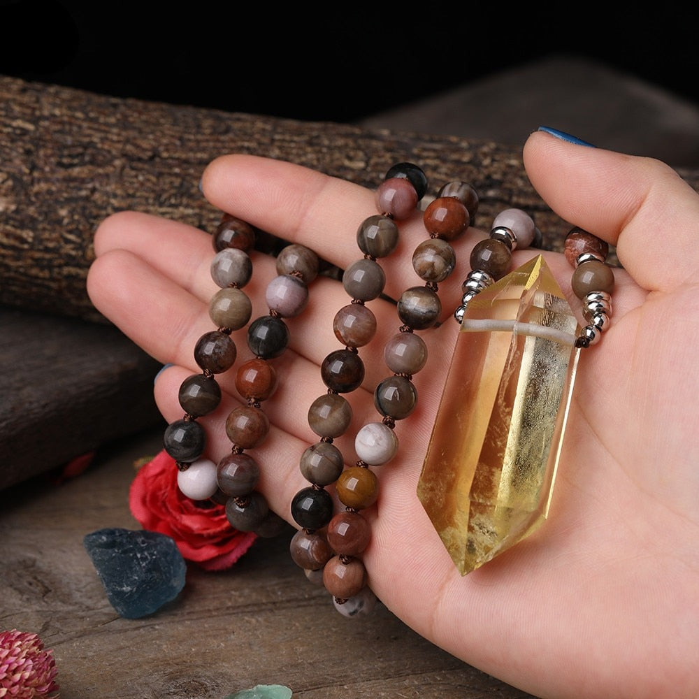 Natural Fossil Wood Jasper & Citrine Wand Pendant Necklace