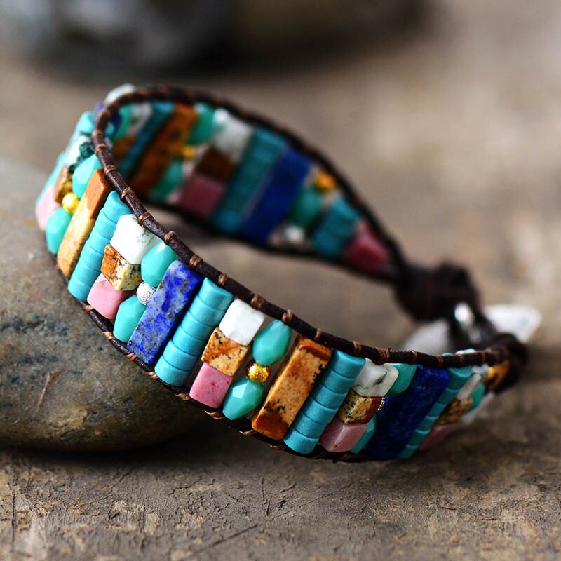 Natural Mixed Gemstones Leather Wrap Bracelet