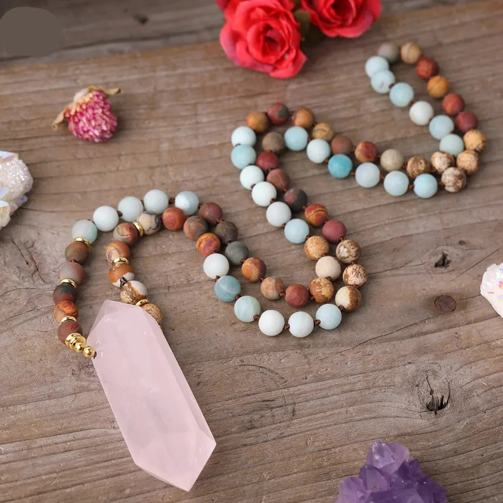 Natural Amazonite, Jasper & Rose Quartz Double Point Pendant Necklace