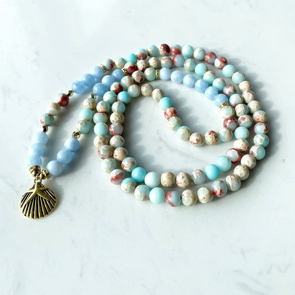Natural Aqua Terra Jasper & Aquamarine 108 Beads Mala