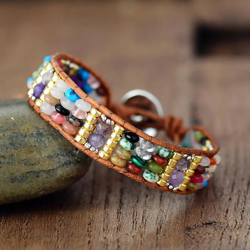 Natural Mixed Gemstones Leather Wrap Bracelet