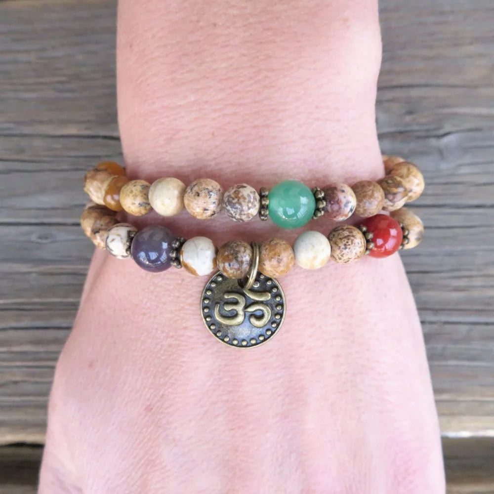 Natural Picture Jasper & 7 Chakras Stones Ohm 54 Beads Mala