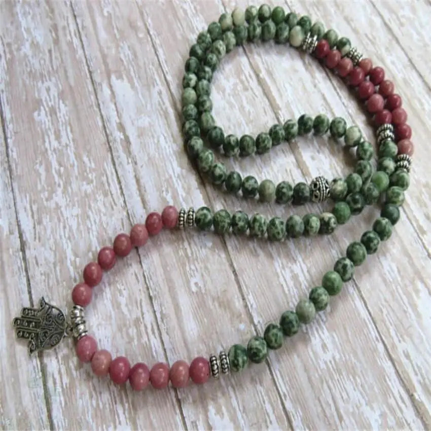 Natural Green Jasper & Rhodonite Hamsa Hand 108 Beads Mala