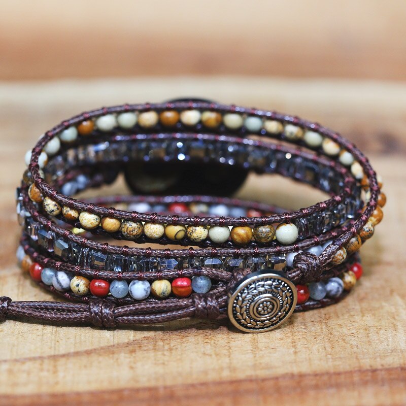 Natural Jasper & Agate Taijitu Charm Wrap Bracelet