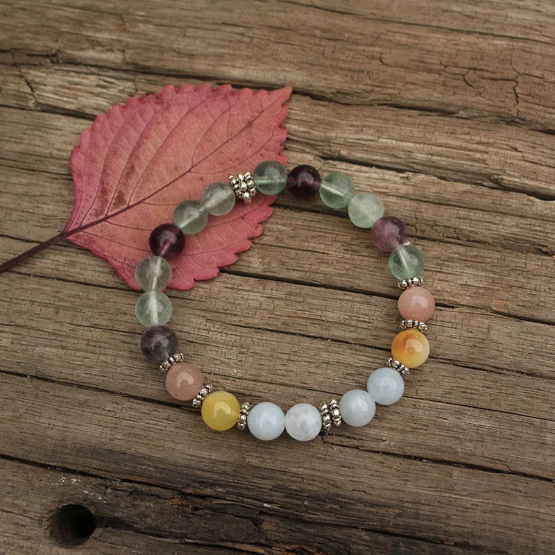 Natural Fluorite, Aquamarine and Onyx Tibetan Bracelet