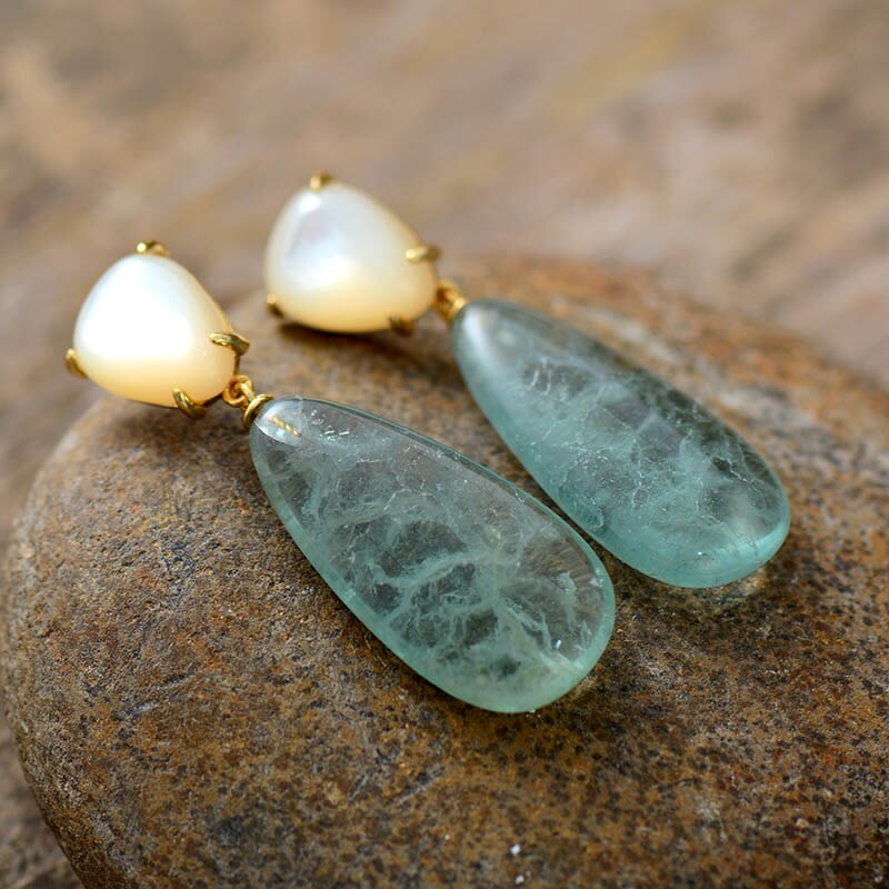 Natural Green Fluorite & Shell Teardrop Earrings