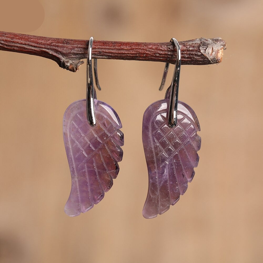 Natural Amethyst Carved Angel Wings Earrings